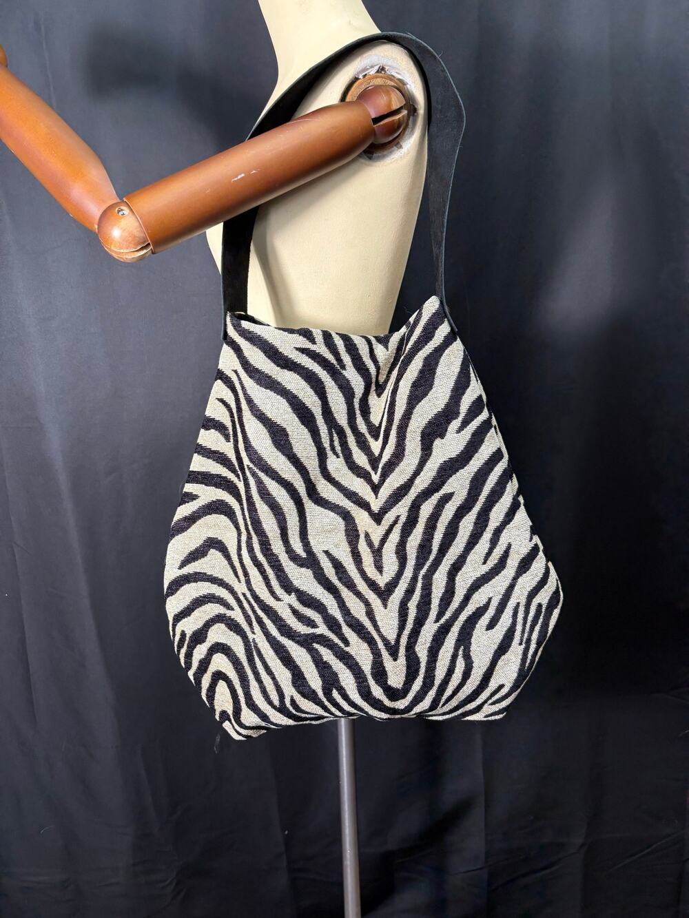 Handcrafted Zebra Fabric Large Hobo Bag Single Leather Strap Lined Pocket